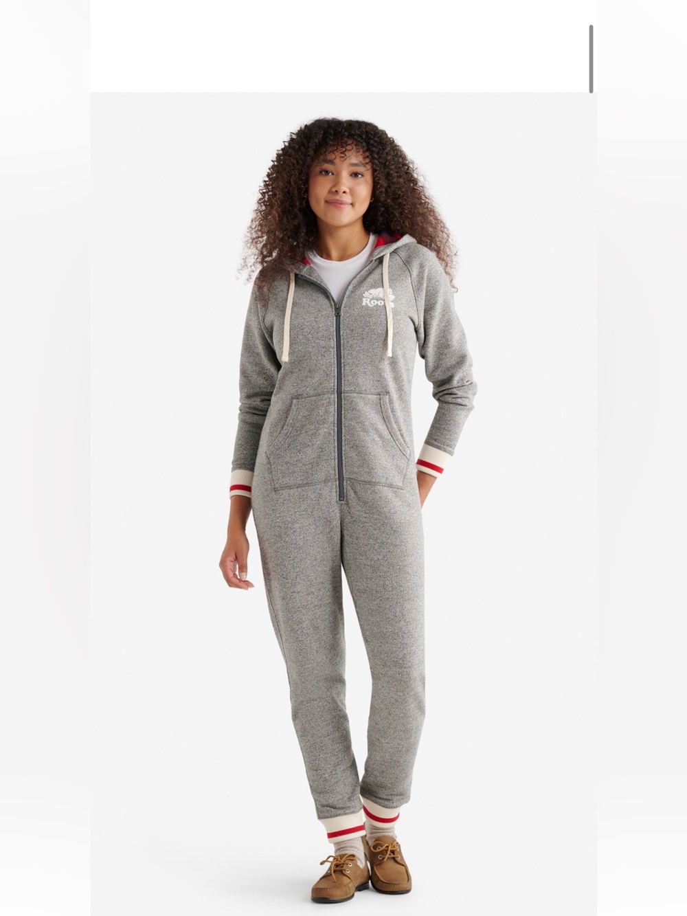 Roots adult Cabin Salt and Pepper Zip-Front Onesie with Red Trim and hood